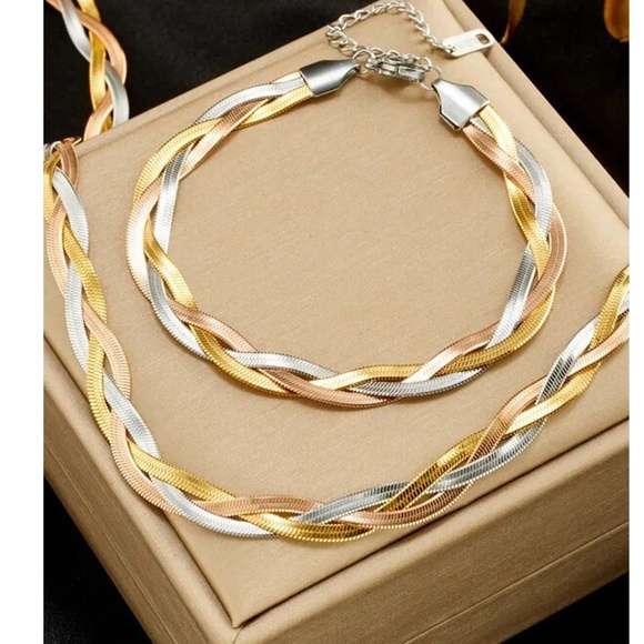Luxe Tri color Stainless Steel Braided Necklace Bracelet Set - Picture 1 of 5